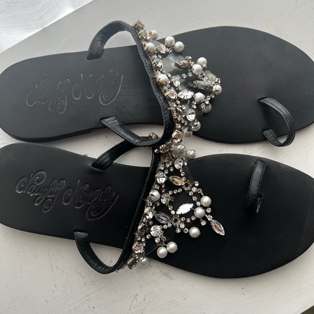 Rhinestones & Pearl Black Leather Sandals